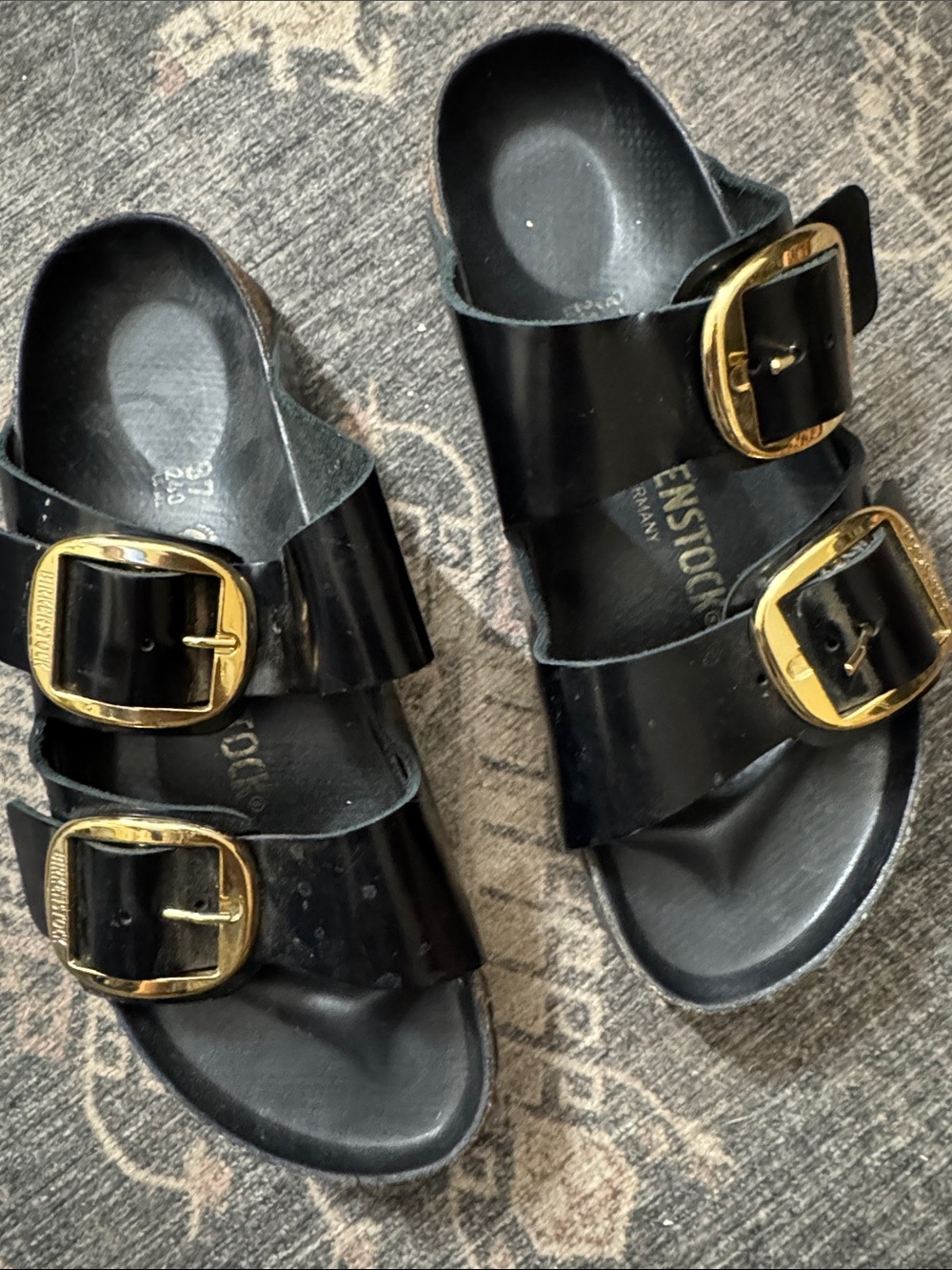 Birkenstock Black Double-Buckle Sandals with Gold Buckles